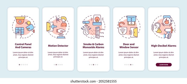 Home security system onboarding mobile app page screen. Detectors and alarms walkthrough 5 steps graphic instructions with concepts. UI, UX, GUI vector template with linear color illustrations