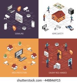 Home security system protection in work concept 4 isometric icons square banner design abstract isolated vector illustration 