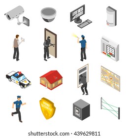 Home security system service isometric elements collection with surveillance camera and police officer abstract isolated icons vector illustration 