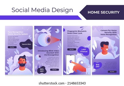 Home security system at social media design set. Marketing stories collection for face, iris, voice recognition technology, vector illustration. Electronic fingerprint biometric for smart doorlock