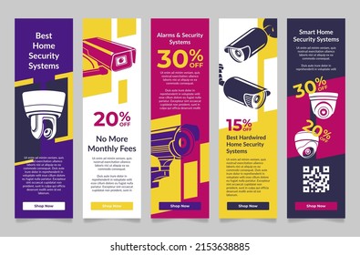 Home security systems internet poster sale discount vertical landing page set vector illustration. Collection smart monitoring camera privacy guard property protection optical digital vision control