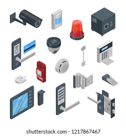 Conjunto de ícones isométricos 3D e elementos de design de vetor de sistemas de segurança doméstica. Tecnologias inteligentes, casa de segurança, conceito de controle e proteção.