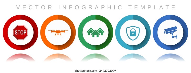 Home security vector icon collection, miscellaneous icons such as stop sign, drone, house, cctv camera and padlock, flat design infographic template in eps 10