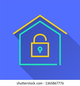 Home security vector icon with long shadow. Simple illustration isolated on blue background for graphic and web design.