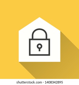 Home security vector icon with long shadow. Simple illustration isolated on yellow background for graphic and web design.