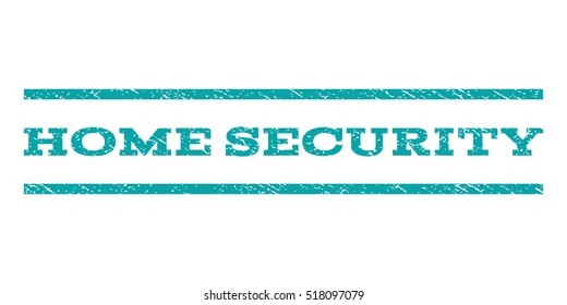 Home Security watermark stamp. Text caption between horizontal parallel lines with grunge design style. Rubber seal stamp with unclean texture. Vector cyan color ink imprint on a white background.