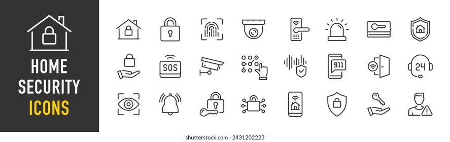 Home security web icons in line style. Alarm system, insurance, lock, key card, security camera, home protection.Vector illustration.