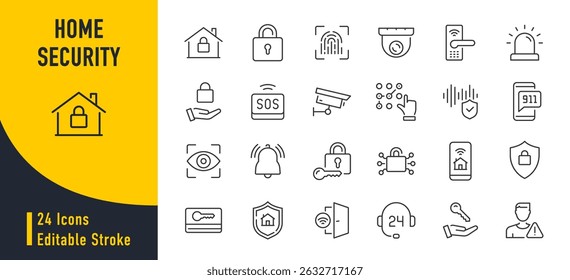 Iconos web de seguridad para el hogar en estilo de línea. Sistema de alarma, seguro, cerradura, tarjeta de llave, cámara de seguridad, protección para el hogar. Ilustración vectorial.