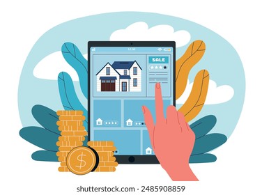 Home selection online. Deals with real estate and private property. Buying house on internet. Investment and trading. Financial literacy and passive income. Cartoon vector illustration