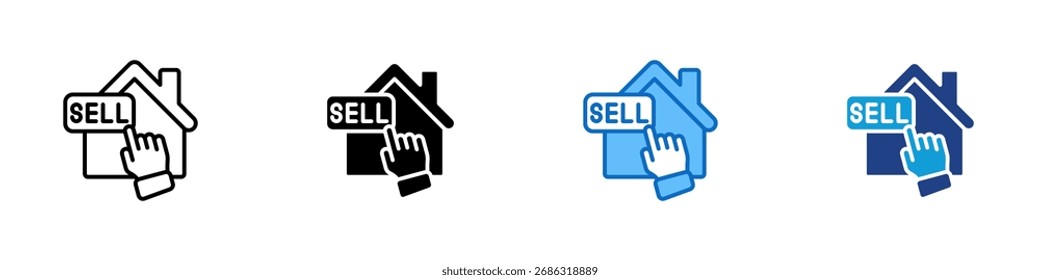 Home Sell Multiple Style Icon Design Vector - House with a hand clicking on "Sell" button, symbolizing property sale or real estate listing