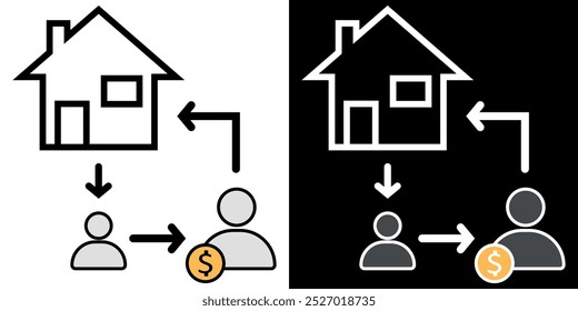 Home Selling Process icon. Simplified Illustration of Property Transfer and Payment Flow. Vector isolated on black and white background.