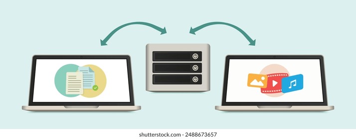 Home server data transfer concept with two laptops sharing multimedia and documents with network attached drive