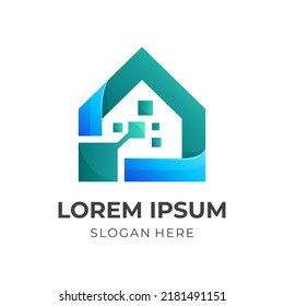 home server logo template, house and pixel combination logo with 3d green and blue color style