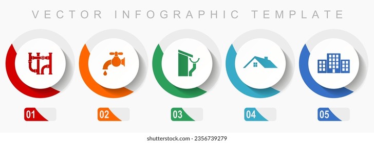 Home service icon set, miscellaneous icons such as pipe, tap, roof and gutter, house and building, flat design vector infographic template, web buttons in 5 color options