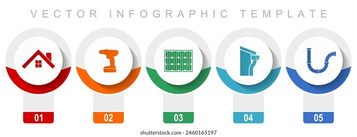 Conjunto de iconos de servicio a domicilio, varios iconos vectoriales como la casa, taladro, energía solar, techo y canaleta y tubería, Plantilla de infografía de diseño moderno, Botones de Web en 5 opciones de color