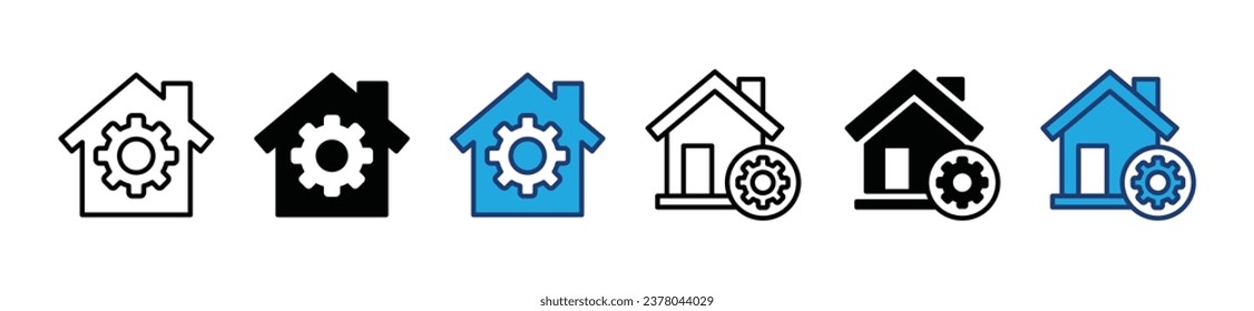 Home service icons. House with gear settings icon symbol. Real estate, property, residence, apartment, hotel, villa and gear wheel symbol. Vector illustration