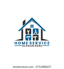 Modelo de vetor de design de logotipo de serviço doméstico. Casa com martelo, rolo de tinta, alicate e vetor de design de logotipo de chave inglesa
