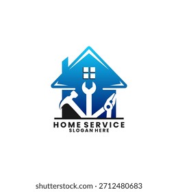 Plantilla de Vector de diseño de logotipo de servicio a domicilio. Casa con martillo, rodillo de pintura, alicates y Vector de diseño de logotipo de llave