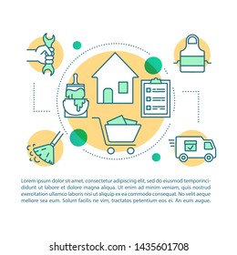 Home services article page vector template. Help in take care of house. Brochure, magazine, booklet design element with linear icons and text boxes. Print design. Concept illustrations with text space