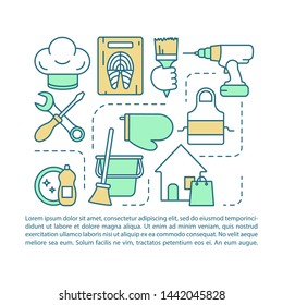 Home services article page vector template. Cleaning, cooking, repair. Brochure, magazine, booklet design element with linear icons and text boxes. Print design. Concept illustrations with text space