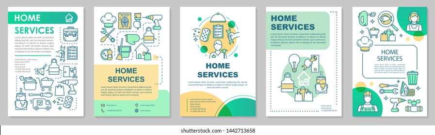 Diseño de plantilla de folleto de servicios domésticos.Handyman. Limpieza de apartamentos. Volante, folleto, diseño de impresión con ilustraciones lineales. Diseños de páginas vectoriales para revistas, informes anuales, carteles publicitarios