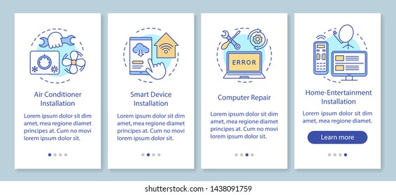 Home services for electronic devices onboarding mobile app page screen with linear concepts. Computer repair. Four walkthrough steps graphic instructions. UX, UI, GUI vector template, illustrations
