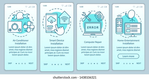 Home services for electronic devices onboarding mobile app page screen vector template. Computer repair. Walkthrough website steps with linear illustrations. UX, UI, GUI smartphone interface concept