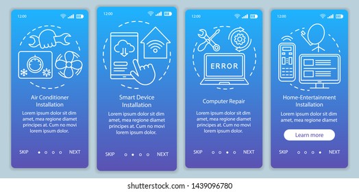 Home services for electronic devices onboarding mobile app page screen vector template. Walkthrough website steps with linear illustrations. Computer repair. UX, UI, GUI smartphone interface concept