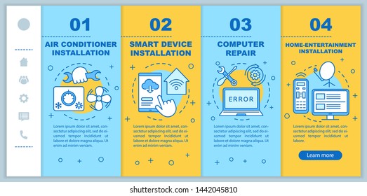 Home services for electronic devices onboarding mobile web pages vector template. Responsive smartphone website interface idea with  illustrations. Webpage walkthrough step screens. Color concepts