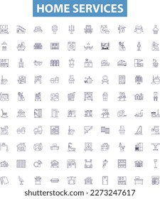 Home services line icons, signs set. Homecare, Cleaning, Repair, Maintenance, Plumbing, Heating, Painting, Pest, Roofing outline vector illustrations.
