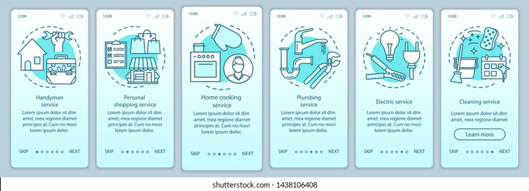 Home services onboarding mobile app page screen vector template. Walkthrough website steps with linear illustrations. Cleaning, handyman service. UX, UI, GUI smartphone interface concept