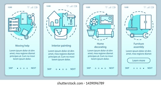 Home services onboarding mobile app page screen vector template. Interior painting. Moving help. Walkthrough website steps with linear illustrations. UX, UI, GUI smartphone interface concept