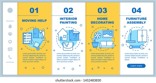Home services onboarding mobile web pages vector template. Interior painting. Responsive smartphone website interface idea with linear illustrations. Webpage walkthrough step screens. Color concept