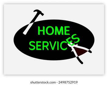 home services, repairs, design card, banner, folder, flyer. Hammer and pliers on black background with green lettering. Square