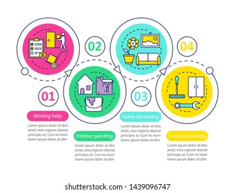 Home services vector infographic template. Business presentation design elements. Interior painting. Data visualization, four steps and options. Process timeline chart. Workflow layout, linear icons