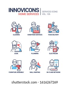 Home services - vector line design style icons set. Household chores idea. Cleaning, handyman, food delivery, cook, plumbing, electrician, furniture assembly, wall painting, wi-fi and network images