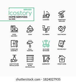 Home services - vector line design style icons set. Domestic and repair works idea. Cleaning, handyman, food delivery, cook, plumbing, electrician, furniture assembly, wall painting, carpentry images