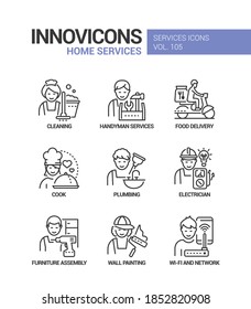 Servicios domésticos - conjunto de iconos de estilo de diseño de línea vectorial. La idea de las tareas domésticas. Limpieza, manualidades, entrega de alimentos, cocinero, fontanería, electricista, montaje de muebles, pintura mural, wi-fi e imágenes de red