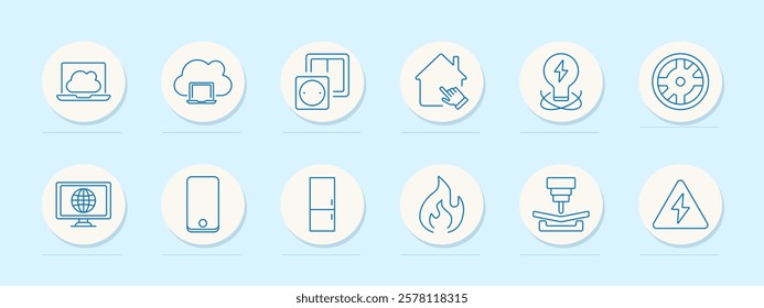 Home set icon. Laptop, cloud, socket, smart home, lightning energy, monitor, tablet, refrigerator, flame, industrial tool, warning. Represent smart homes, technology, and safety systems