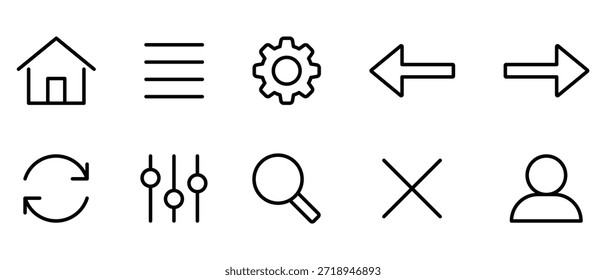 Inicio Configuraciones Flecha Actualizar Búsqueda Iconos de contorno de usuario establecidos para interfaz de Web de interfaz de usuario