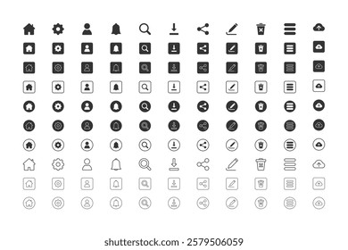 Home, Settings, Profile, Notification, Search, Download, Share, Edit, Delete, Menu. Essential Icons and Trending Styles for Mobile Apps, Websites, and Software. Minimalistic, Flat Design, Line Icons.