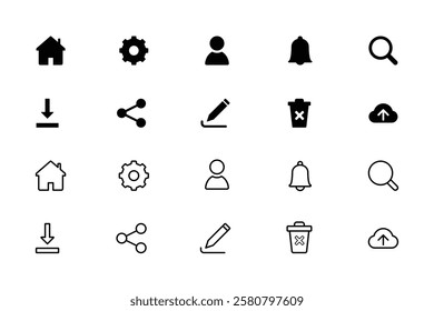 Home, Settings, Profile, Notification, Search, Download, Share, Edit, Delete, Menu, Essential Icons and Trending Styles for Mobile Apps, Websites, and Software. Minimalistic, Flat Design, Line Icons.