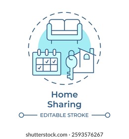 Home sharing soft blue concept icon. Cost effective apartments rent service. Sharing economy model. Round shape line illustration. Abstract idea. Graphic design. Easy to use in infographic