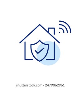 Home, shield with checkmark and wi-fi symbol. Private internet network security. Pixel perfect, editable stroke icon
