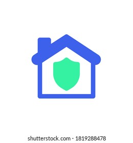 Hogar con vectores de icono de escudo, señal plana rellena, pictograma bicolor, seguro de casa color verde y azul. Símbolo, ilustración de logotipo
