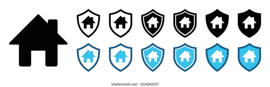 Juego de iconos de protección de escudo residencial. Seguridad del hogar, defensa de la propiedad del hogar o icono de seguro del hogar. Protector de escudo, seguro, protección, escroto, signo de salvaguardia, ilustración vectorial