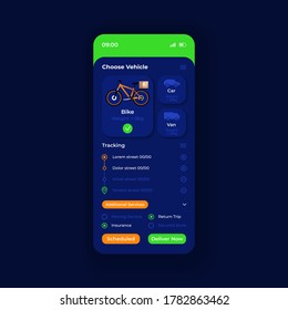 Home shipping app smartphone interface vector template. Mobile app page night theme design layout. Transport choosing menu screen. Flat UI for application. Order options on phone display