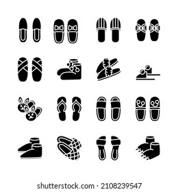Home shoes flat line icons set. Comfortable house slipper. Mens and womens footwear, children slippers in the form of dinosaur and rabbit. Simple flat vector illustration for web site or mobile app.