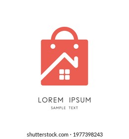 Home and shopping bag logo - house with window and chimney, real estate purchase and sale symbol. Realty and property agency vector icon.