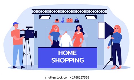 Home Shopping Shooting. Actress With Clothes, Camera Crew, Studio Flat Vector Illustration. Advertising, Consumerism, TV Show Concept For Banner, Website Design Or Landing Web Page